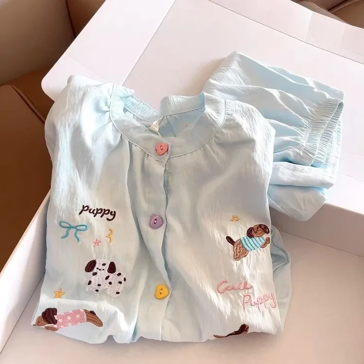 带胸垫睡衣女夏季三件套云朵棉甜美可爱卡通刺绣小狗可外穿家居服