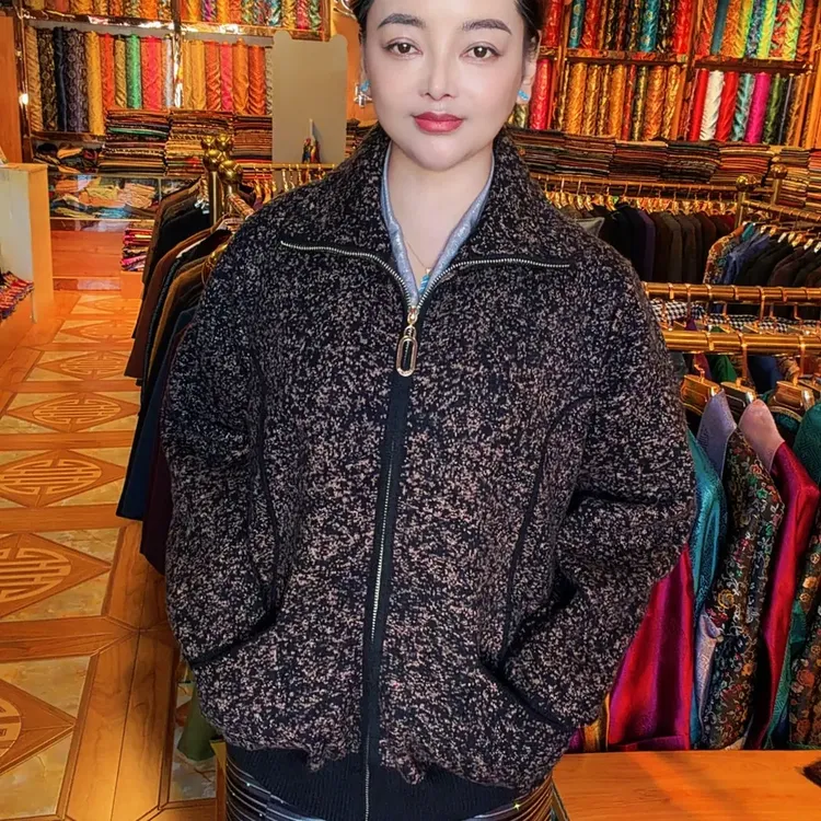 新中式娃娃领女直下摆长袖短外套黑色外套保暖设计师