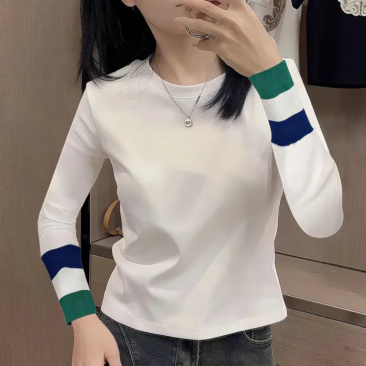 欧货纯 棉白色打底衫女新款内搭秋冬修身撞色加绒长袖T恤短款上衣