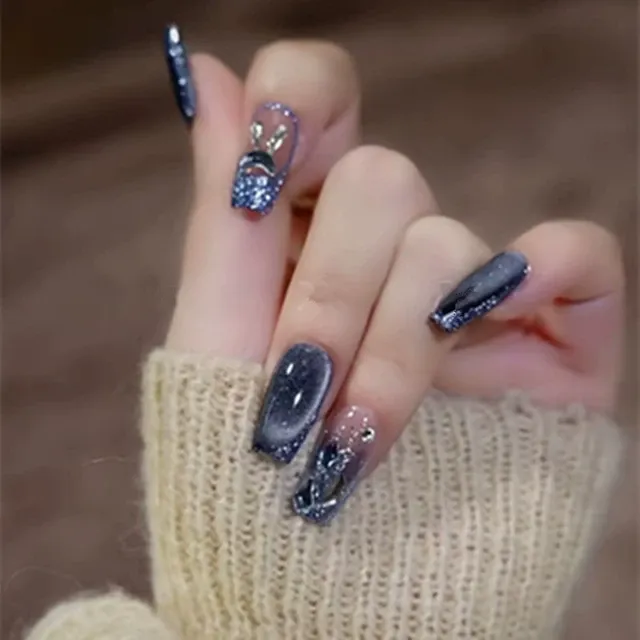 秋冬季新款美甲纯手工定制美甲贴片成品光疗美甲穿戴甲猫眼爆闪