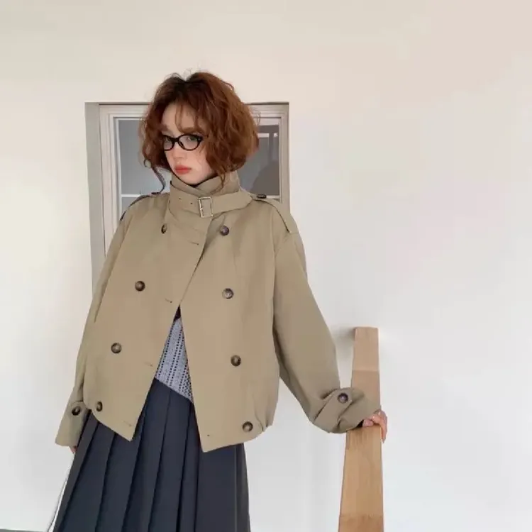 2025 冬秋季小个子立领双排扣宽松休闲短款风衣款羽绒服