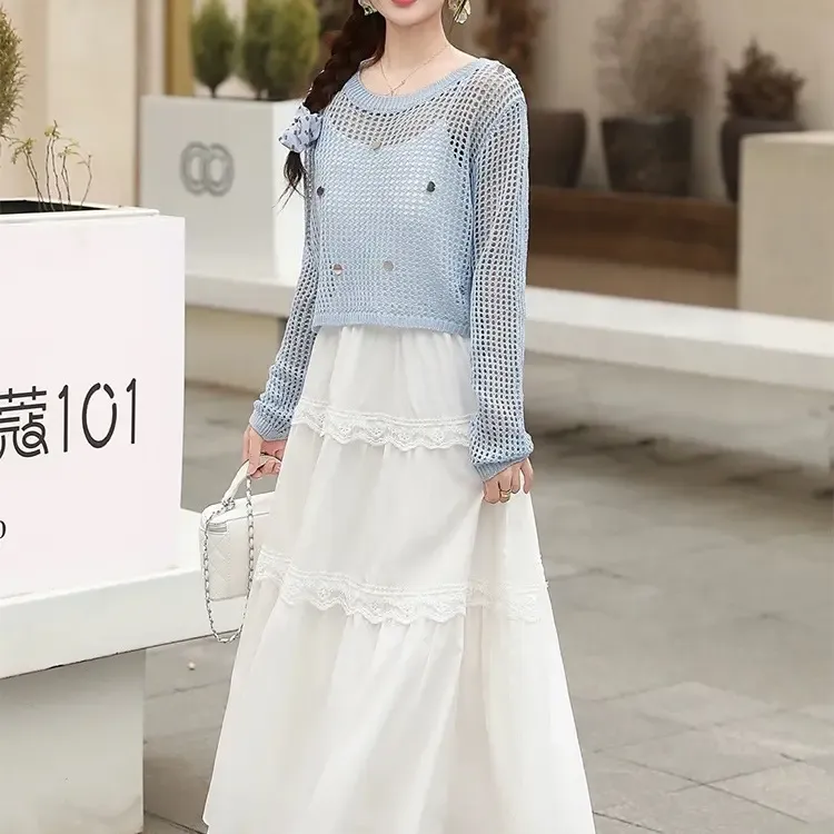 优雅镂空针织衫罩衫女搭吊带连衣裙套头上衣宽松透气质显瘦时尚