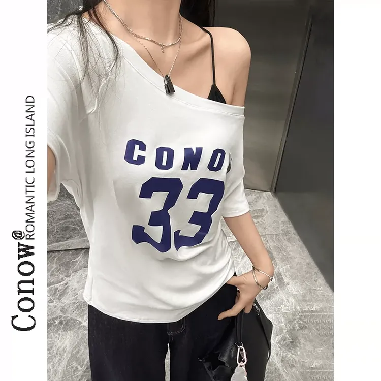 美式复古字母印花斜肩短袖恤女夏季宽松慵懒一字肩设计感百搭上衣