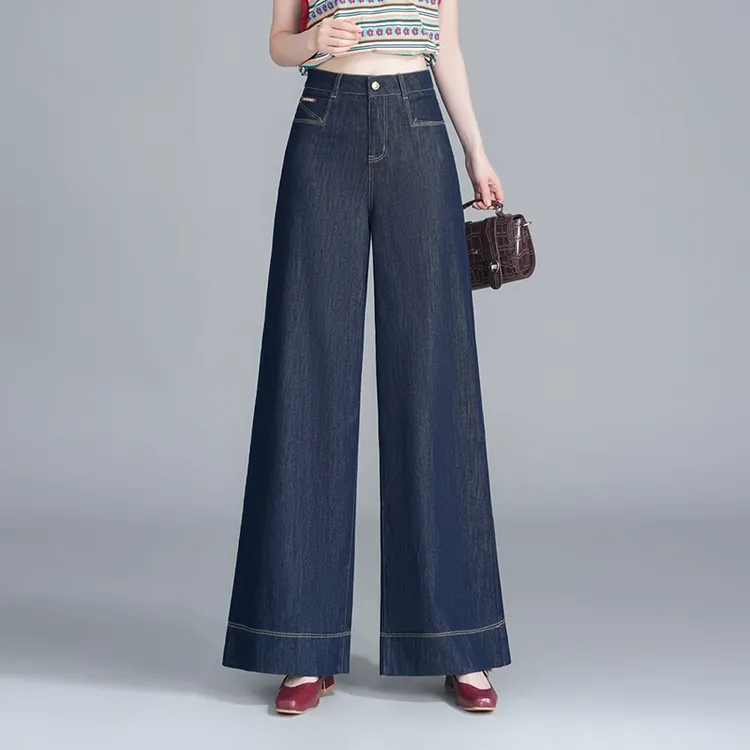 丹宁兰阔腿牛仔裤女2025夏季新款高腰宽松垂感通勤长裤休闲大脚裤