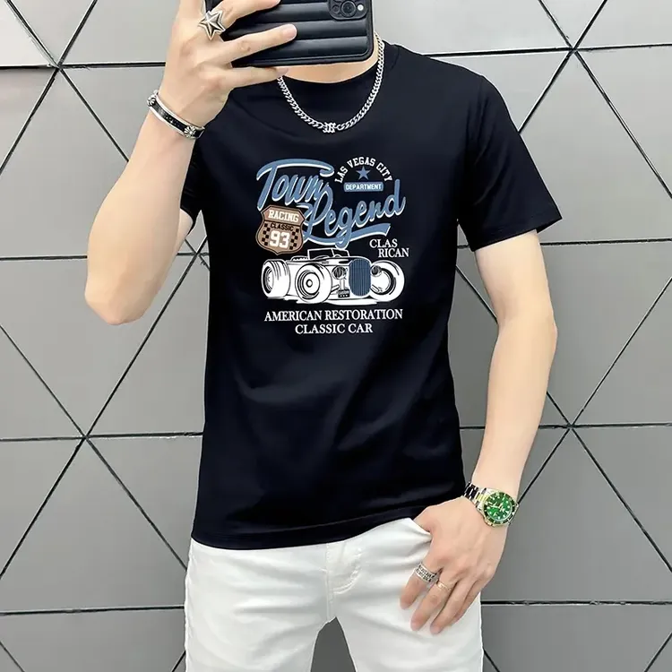 夏季圆领休闲短袖T恤潮流印花男士韩版丝光棉透气百搭半袖个性男