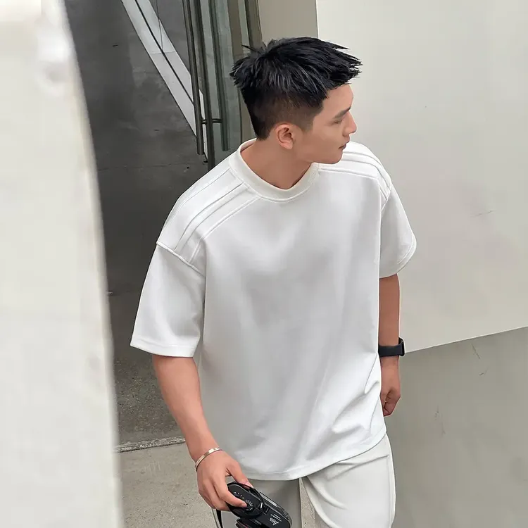 时尚穿搭【打造立体肩】高级感夏季正肩显壮短袖男廓形纯色重磅T恤