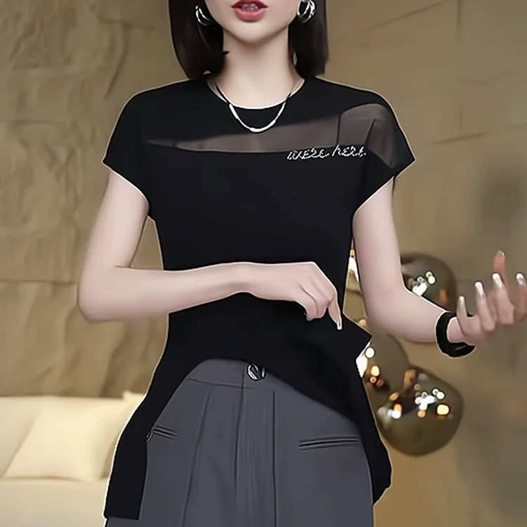 网纱拼接镂空针织衫女士2025夏季时尚显瘦收腰设计感开叉短袖上衣