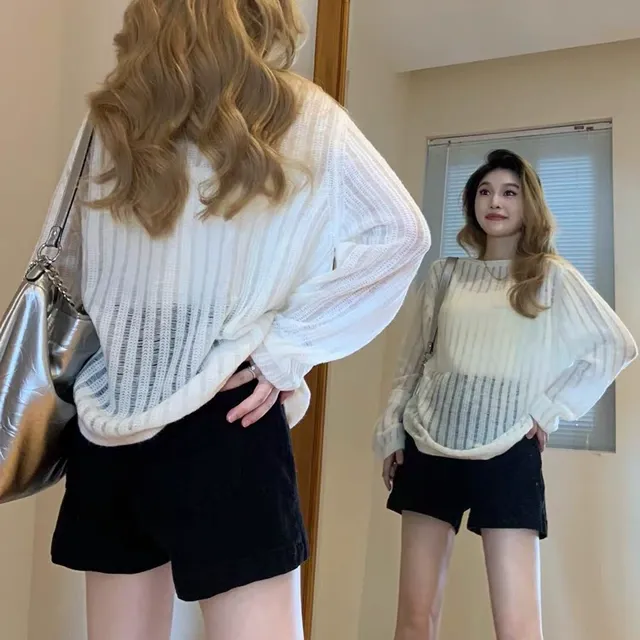 韩系镂空微透圆领长袖针织衫女2025早秋新款宽松百搭薄款套头上衣
