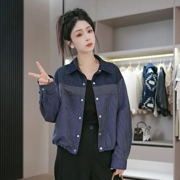 开襟女系带秋季春秋翻领短款百搭短外套长袖牛仔