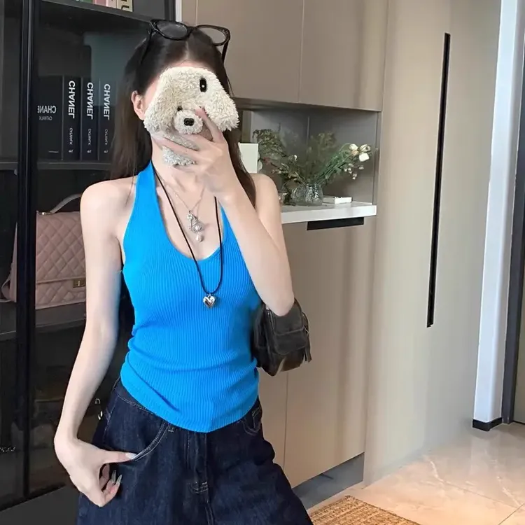 辣妹风针织挂脖吊带背心女夏季复古显白显瘦别致美背无袖上衣