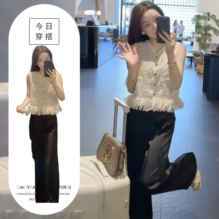 今年流行时尚套装女夏季新中式提花亮片无袖马甲上衣阔腿裤两件套