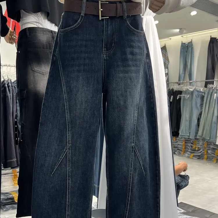 秋冬新款显瘦女士蓝美式弯刀牛仔裤百搭水洗复古秋季