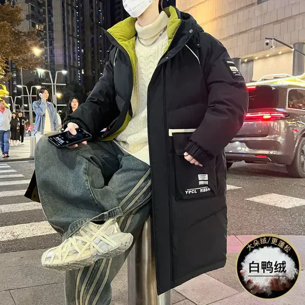 新款潮流男装韩版宽松加厚大码连帽过膝中长款男士冬外套