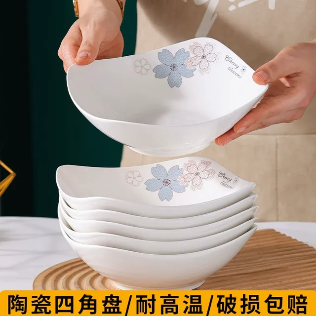 四角盘子家用陶瓷碟子加深菜盘加厚防烫果盘四角汤菜凉菜盘沙拉盘