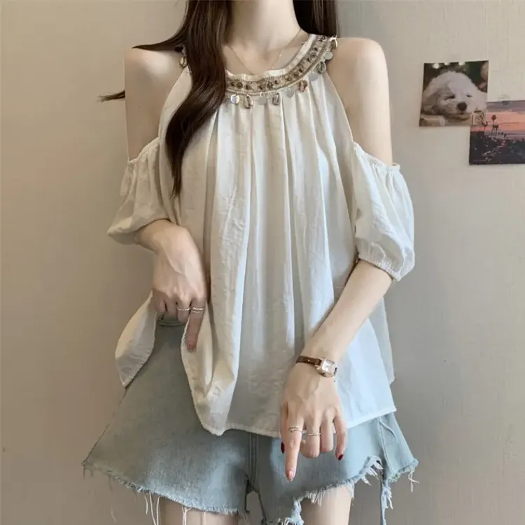 大码设计感露肩短袖衬衫女夏季新款胖MM宽松显瘦百搭洋气小衫上衣