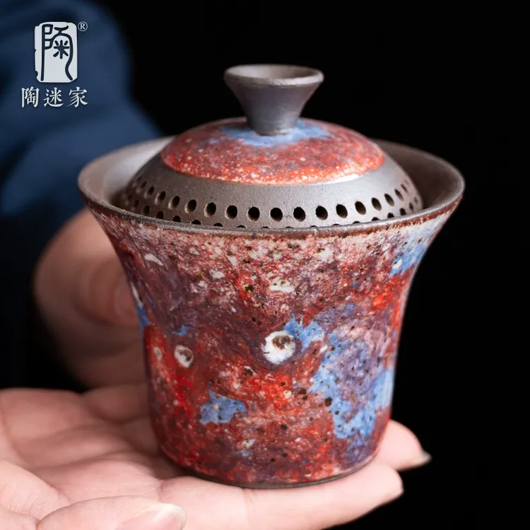 陶迷岩矿斑斓盖碗纯手工彩陶工艺二才碗粗陶复古茶具单个可养茶壶