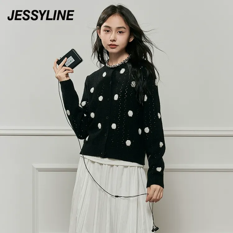 杰茜莱黑白拼色小清新短针织开衫女秋新款打底毛衣 jessyline