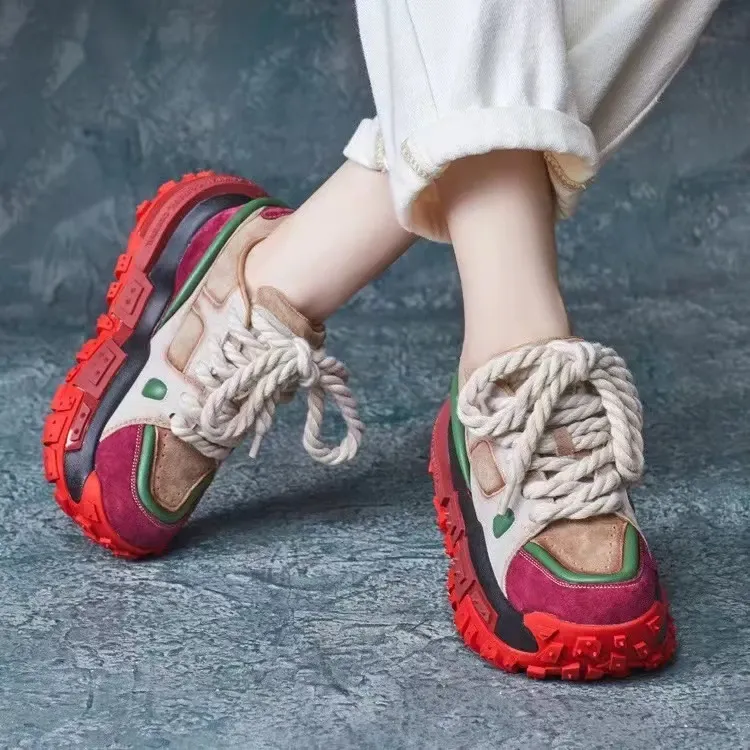 2025春季新款运动休闲女鞋厚底轻底拼色老爹鞋低帮单鞋加绒棉鞋女