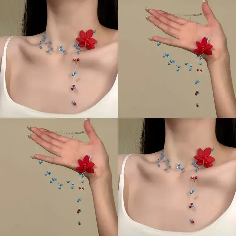 非金属树脂项链 春日多巴胺花朵项链蓝色串珠choker锁骨链女超仙