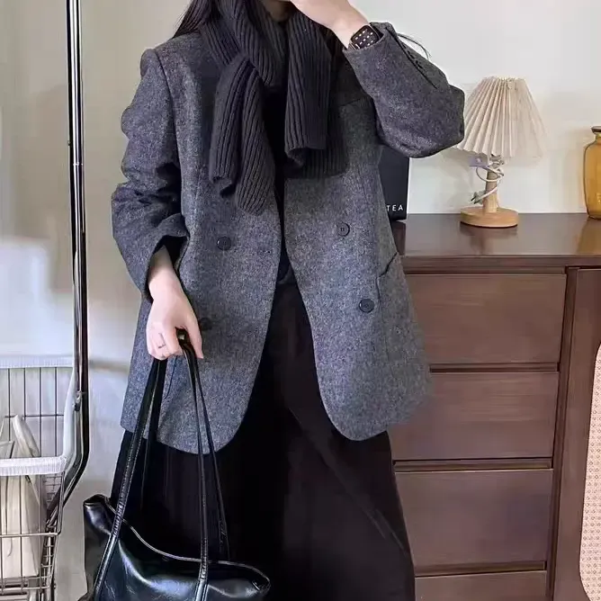 冬季新款韩系轻职风加厚双排扣西装外套女