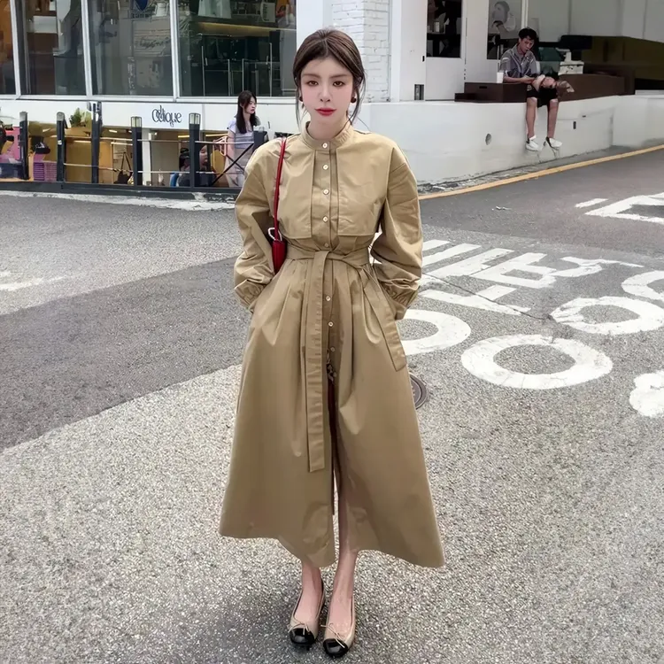韩国chic秋季复古感翻领单排扣绑带收腰纯色长款风衣式外套女