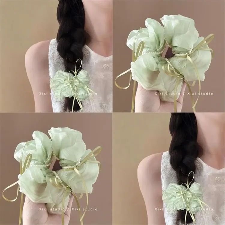 薄荷绿森系大肠发圈札头绳海边发绳皮筋蝴蝶结头饰麻花辫子发饰女