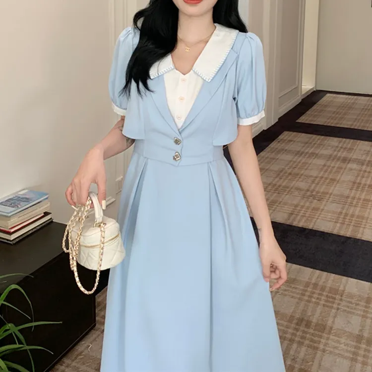 大码女装法式学院风短袖假两件连衣裙夏季教资面试设计感中长裙子