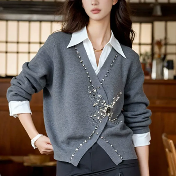 假两件灰色毛衣女秋季新款宽松显瘦洋气设计感重工钉珠针织衫上衣