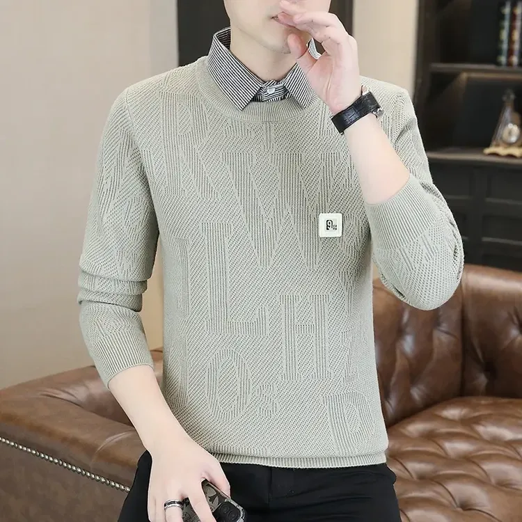 高档假两件衬衫领毛衣男士秋冬保暖时尚休闲针织衫品质男装