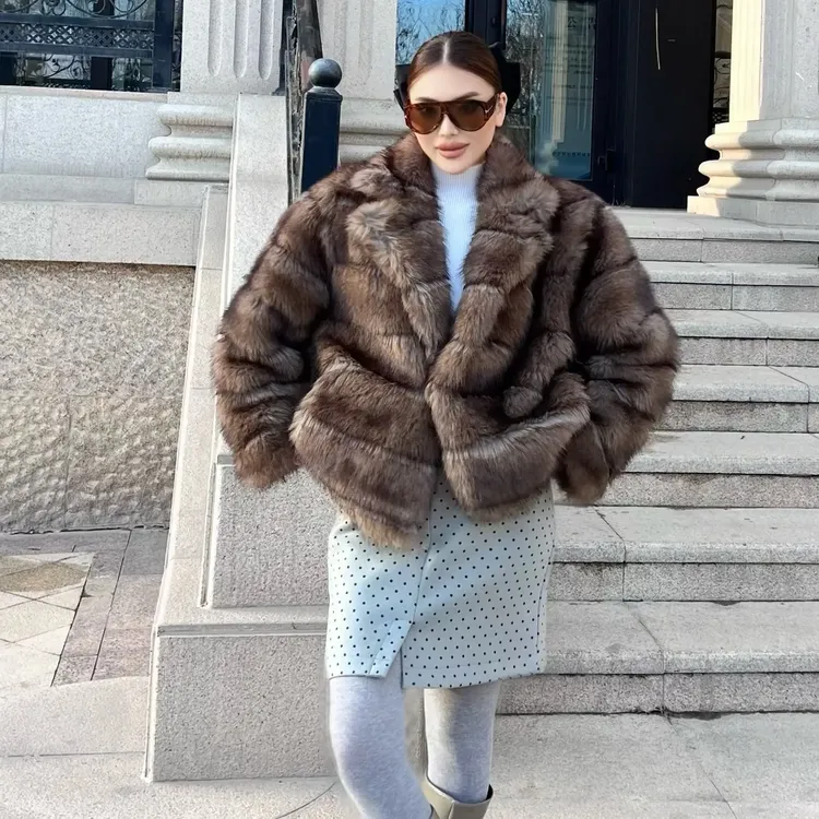 通勤风西装领中长款俄罗斯貂皮草外套时尚