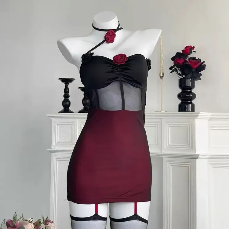 （夜枝生花）80-160斤火辣性感修身玫瑰连衣裙显瘦百搭网纱睡裙