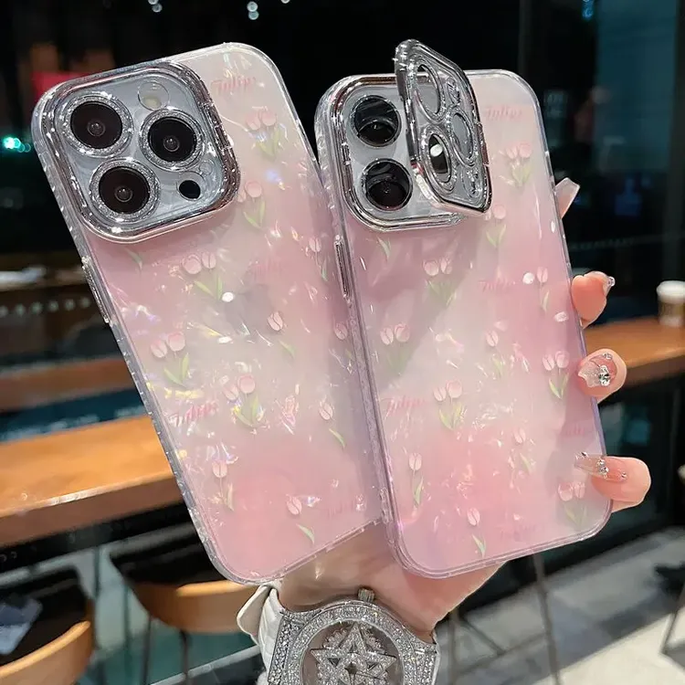 适用苹果系列iPhone16新款手机壳优雅郁金香银灰色闪粉镜头支架