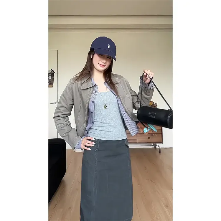 新款女士美式复古夹克外套内搭格子衬衫高腰显瘦半身群时尚套装