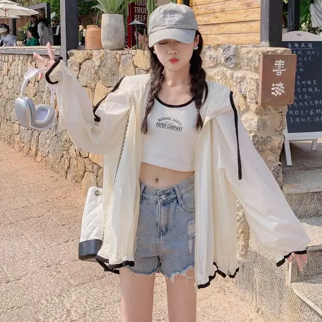2025新款时尚连帽防晒衣女夏季长袖薄款外套韩版宽松透气防晒服女