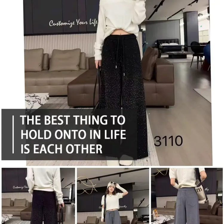 冬季加绒撒银显瘦直筒阔腿女士长裤