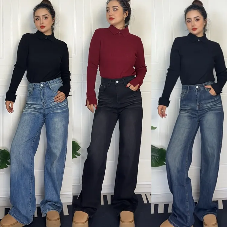 新款高腰高端显瘦直筒牛仔拖地裤