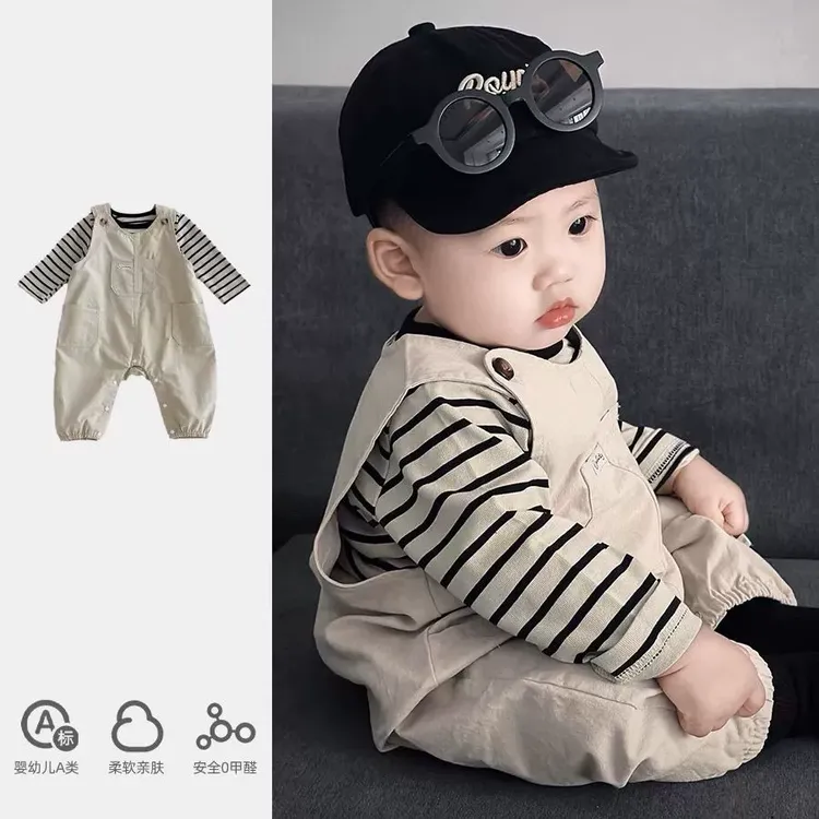 女童婴儿背带裤套装男女宝宝两件套春秋装连体条纹洋气外出服网红