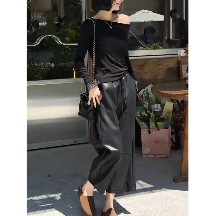 高级感宽松百搭九分休闲皮裤女秋季新款黑色裤子