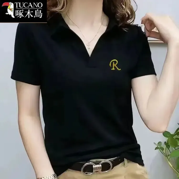 啄木鸟新款刺绣上衣POLO领T恤女士2025年夏季薄款短袖纯色打底衫