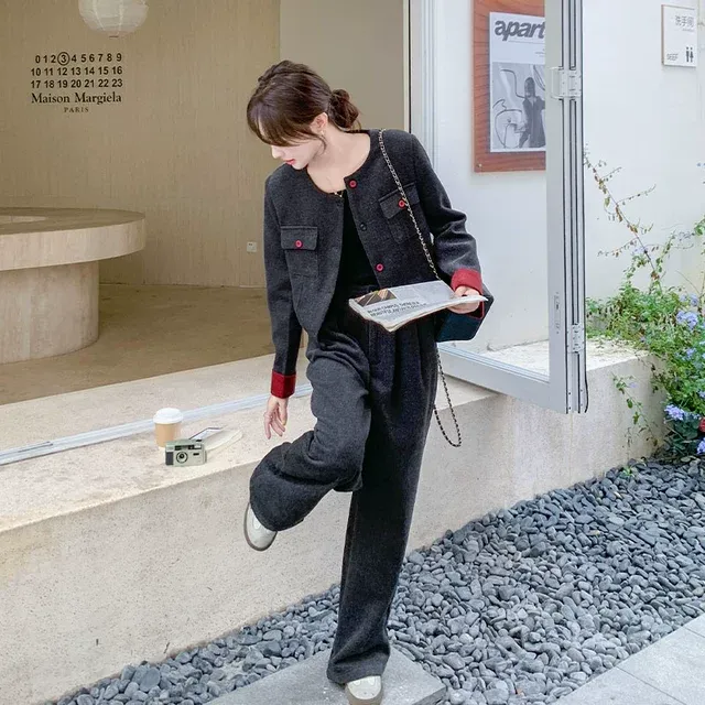 撞色毛呢小香风外套装裤2024新款女入秋冬高级感复古阔腿裤一整套