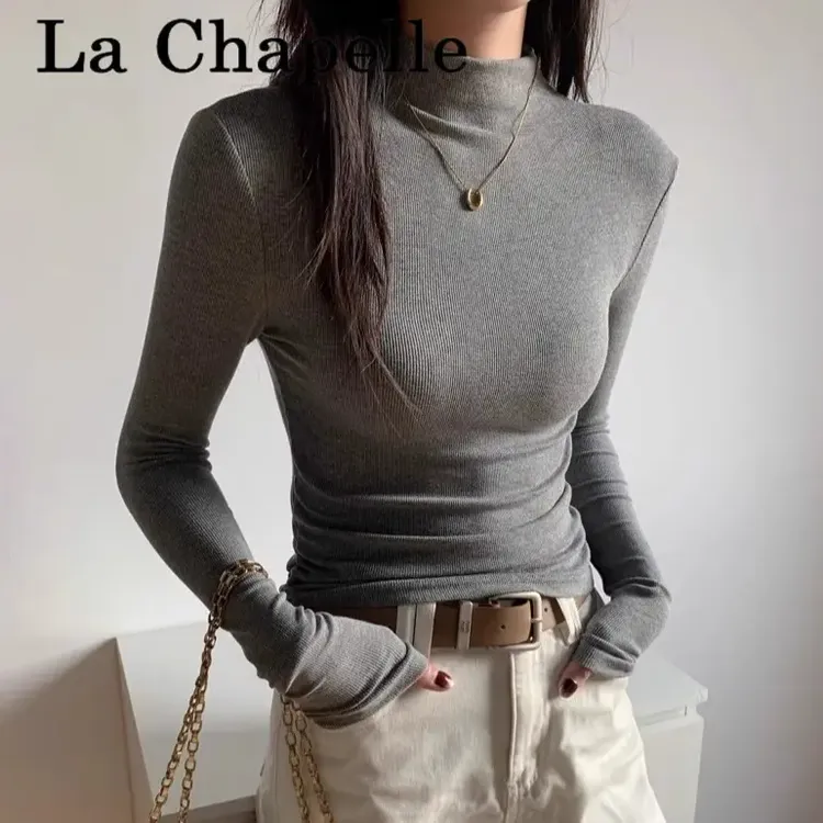 拉夏贝尔春秋冬半高领打底衫长袖t恤女正肩螺纹修身卡腰收腰上衣