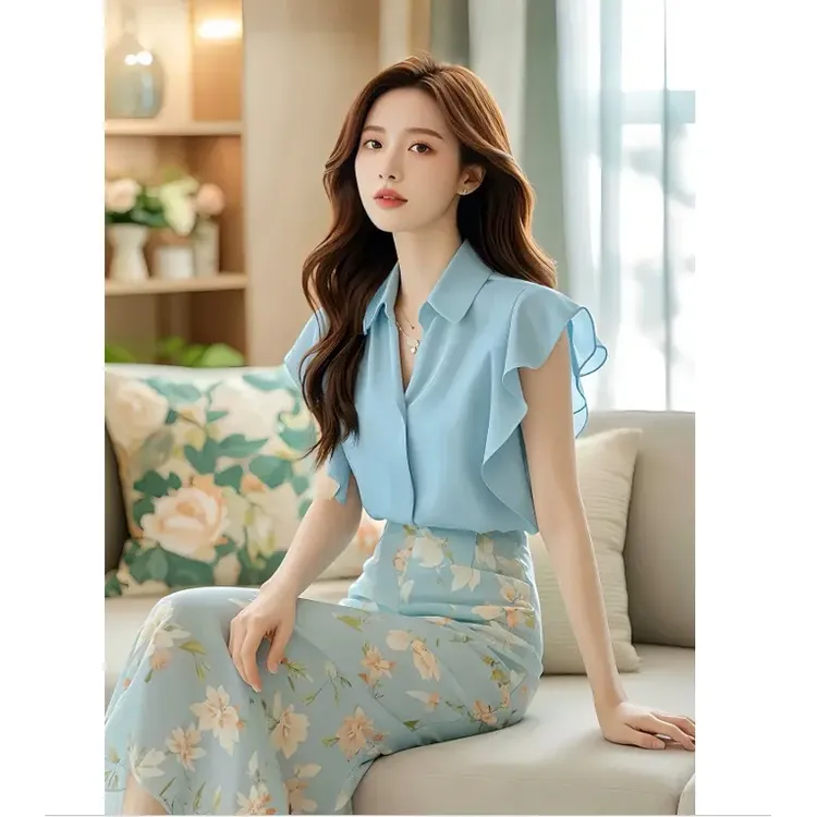 夏天搭配一整套时尚今年流行的漂亮盐系炸街蓝色衬衫裙子两件套装