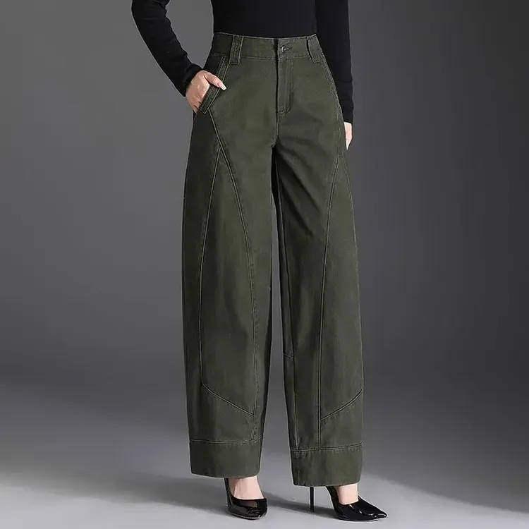2025年春季新款高腰牛仔裤女宽松显瘦灯笼裤休闲裤简约大码哈伦裤
