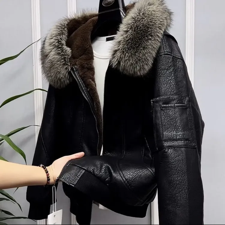 冬季新款男士连帽毛领加绒加厚皮毛一体保暖时尚潮流皮衣外套6613