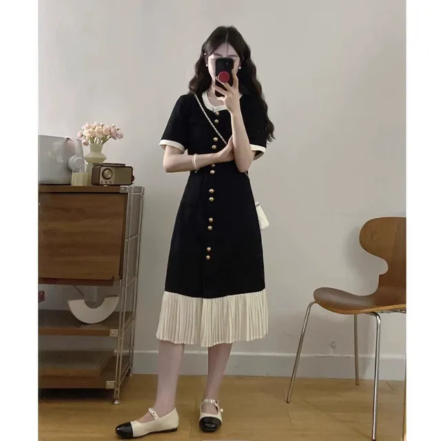 法式小香风撞色拼接连衣裙子女夏季大码胖mm收腰显瘦中长款小黑裙