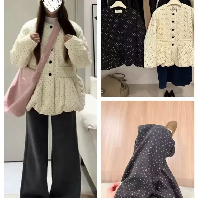 宽松设计甜美圆领波点压褶花苞下摆棉服外套女秋冬款