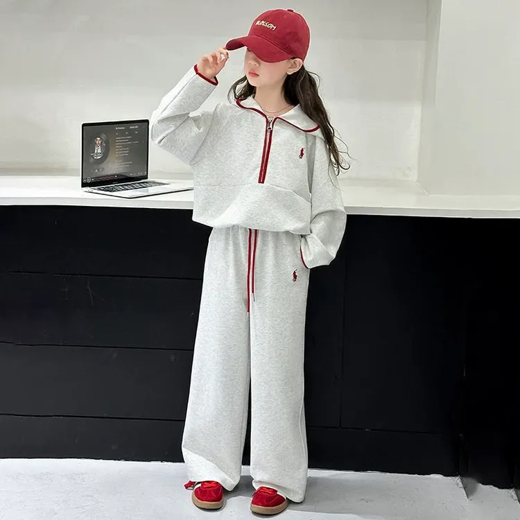 女童春装2025新款洋气女大儿童春秋韩版半拉链卫衣阔腿裤运动套装