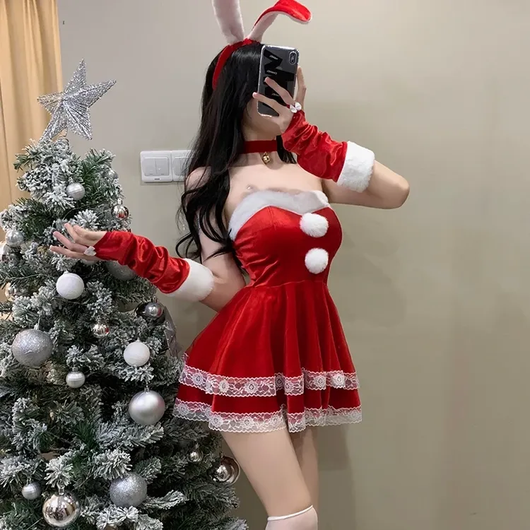 红色战袍圣诞套装蕾丝纯欲蝴蝶结性感成人趣味cos服连衣裙