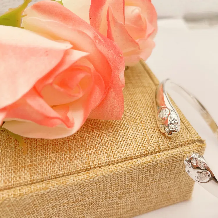 足银手镯 〖锐鸣银阁〗亮面猫爪开口手镯实心银制品时尚百搭经典