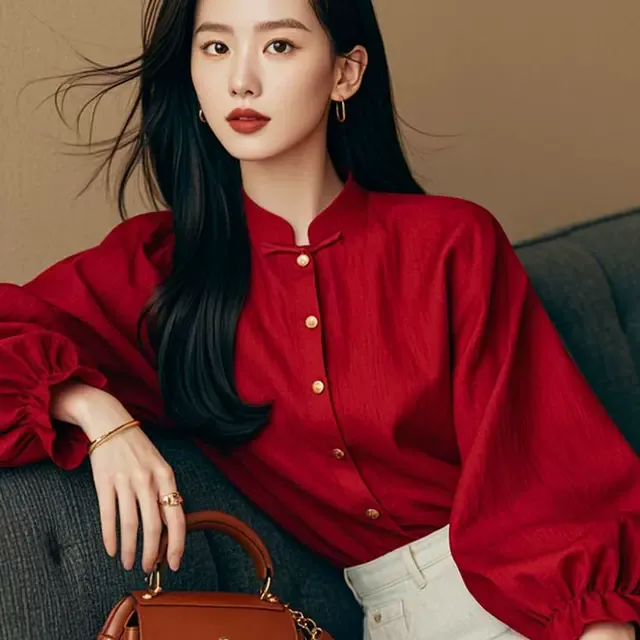 安可拉红穿搭新中式国风红色长袖衬衫女初秋季高级感上衣气质小衫